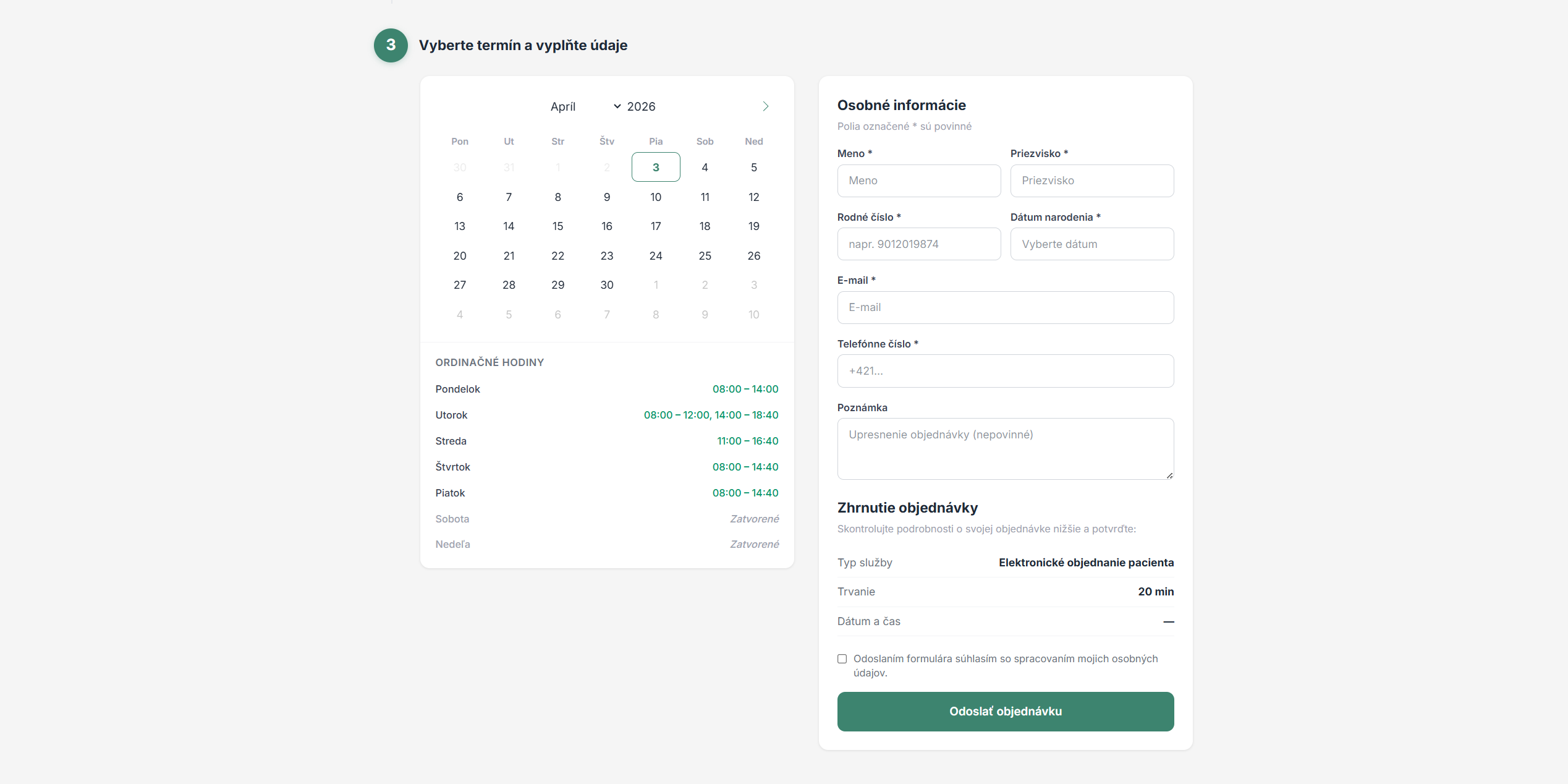 Výber termínu a osobné údaje