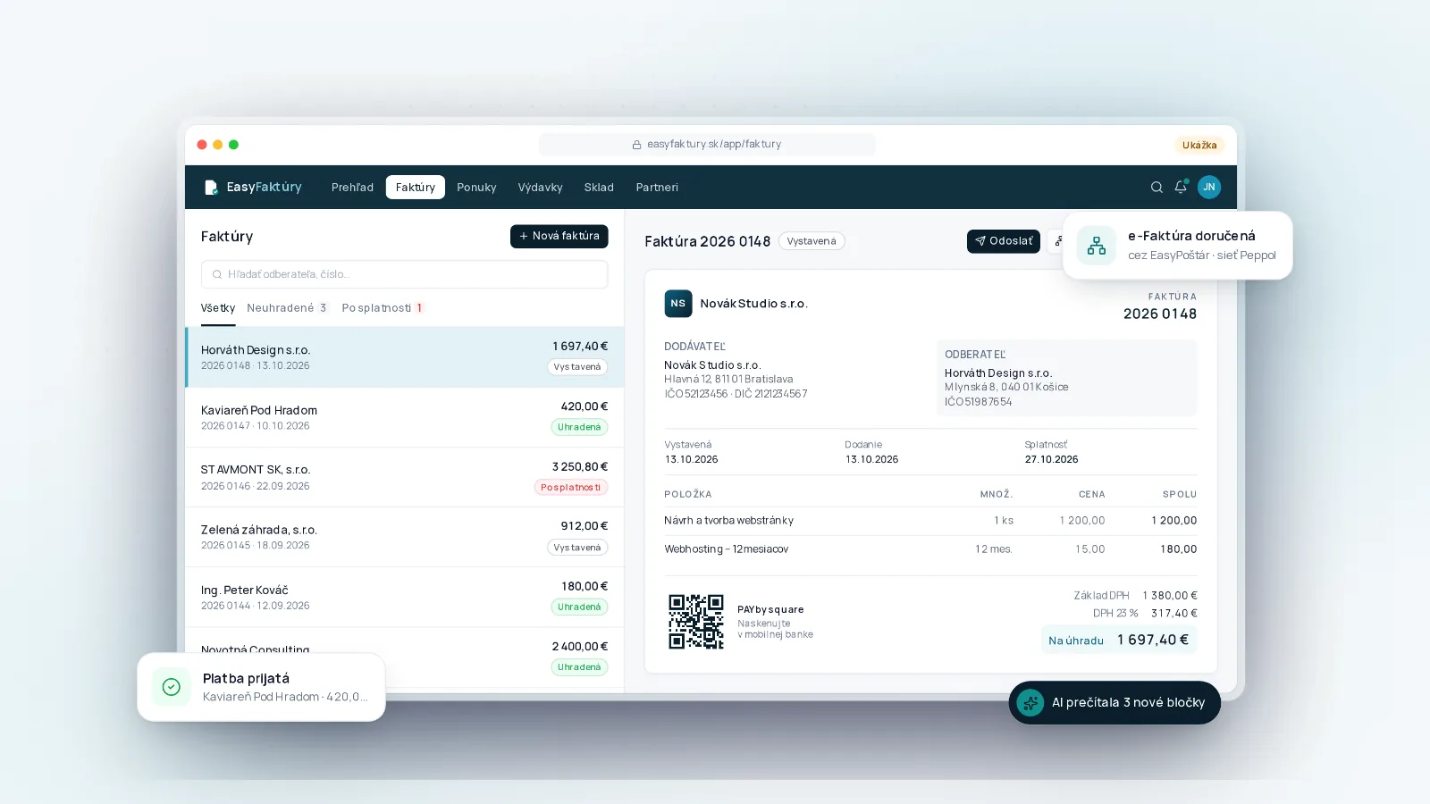 The EasyFaktúry app with an invoice list, an invoice detail with a payment QR code and a notification that an e-invoice was delivered over the Peppol network